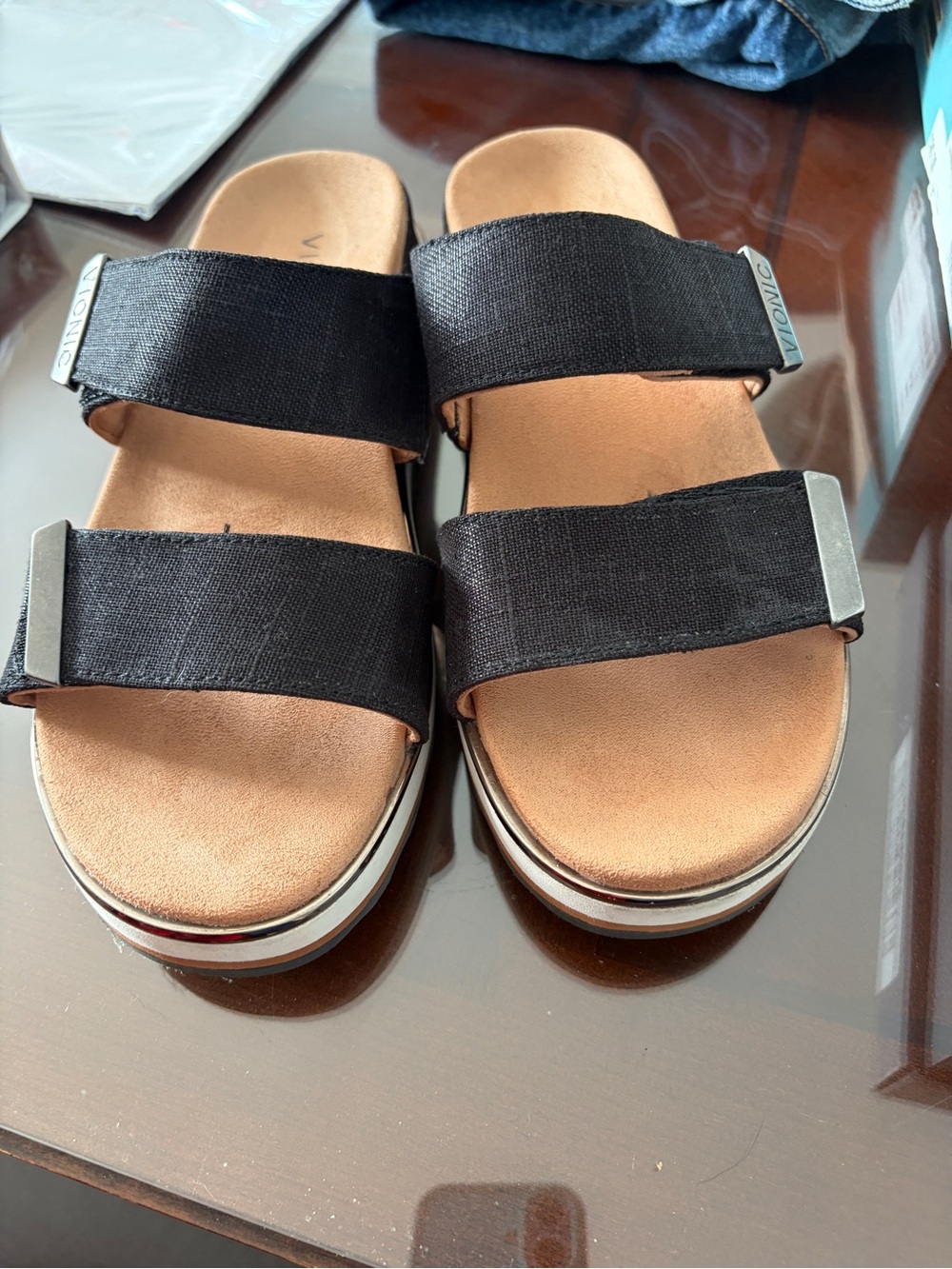 Vionic Black Double-Strap Platform Slide Sandals